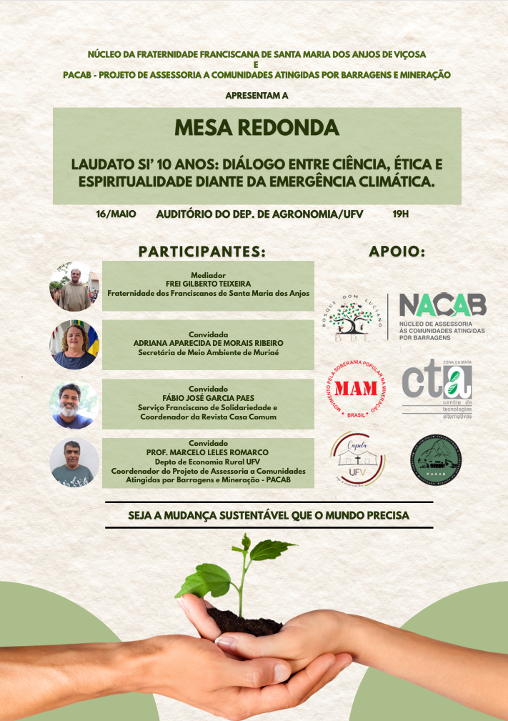 Cartaz com duas mãos segurando uma muda e fotos dos 4 palestrantes dentro de círculos, um debaixo do outro. 