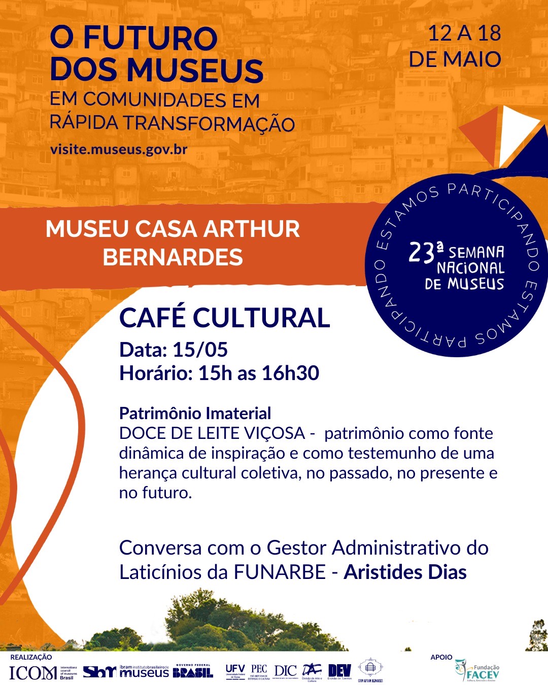 Cartaz com fundo laranja e texto: O futuro dos museus em comunidades em rápida transformação. 