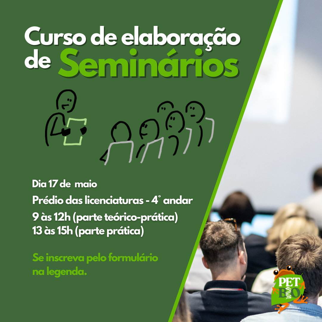 Card verde com desenho de pessoa de pé falando para um grupo sentado. Curso de elaboração de seminários. 
