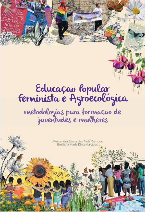 Card bege com desenhos de flores e pessoas. Em roxo: Educação Popular Feminista e Agroecológica. Alessandra e Emiliana. 