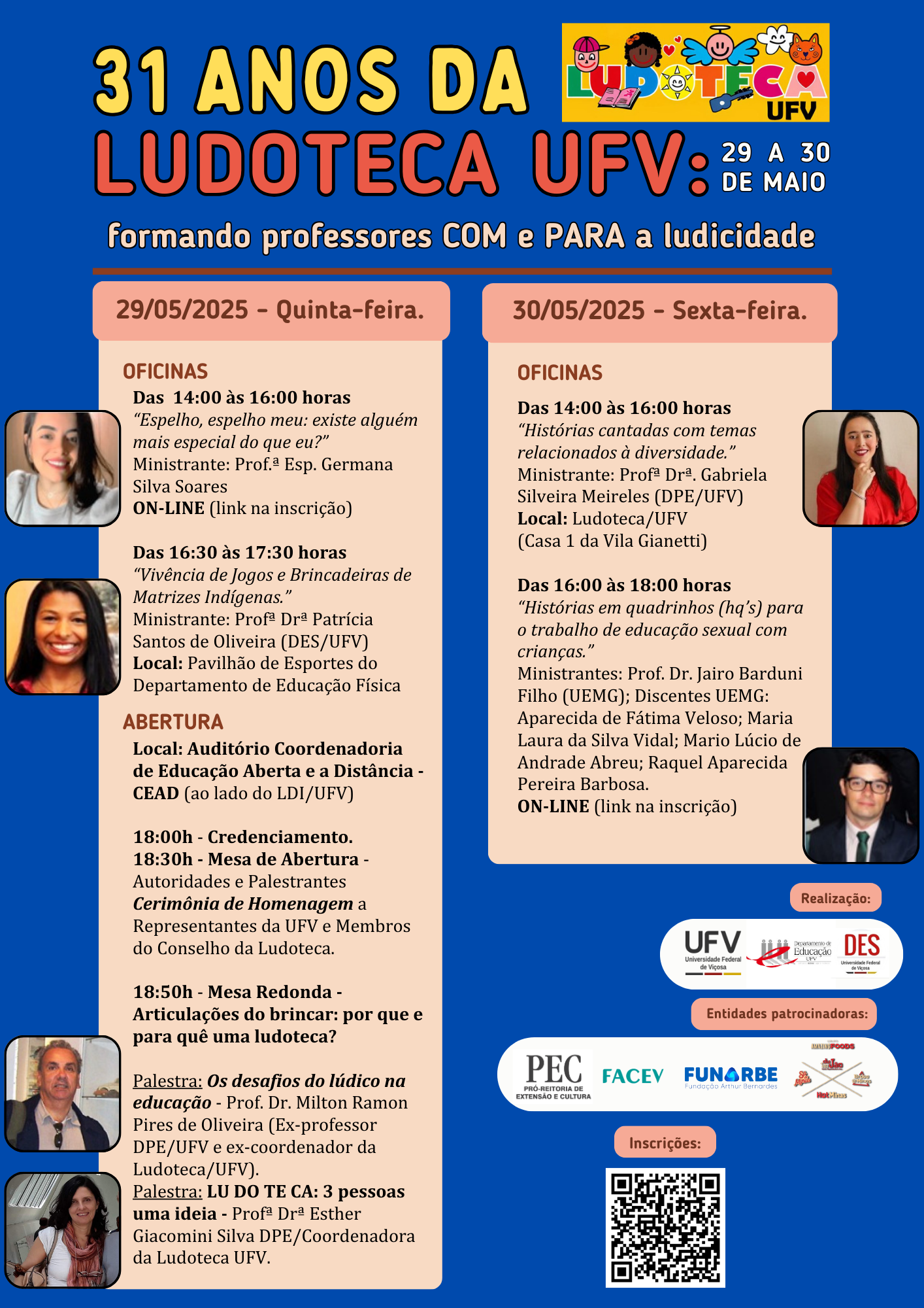 Programação completa sobre fundo azul, com foto dos palestrantes e coordenadores das oficinas. 