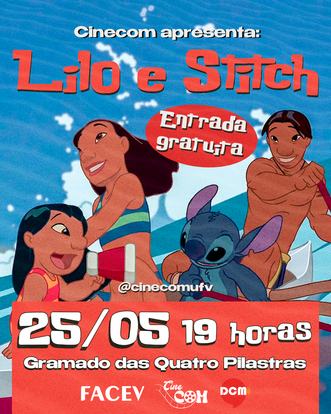 Desenho de moça e rapaz remando, criança e uma criatura azul com grandes orelhas, todos em um barco a remo.