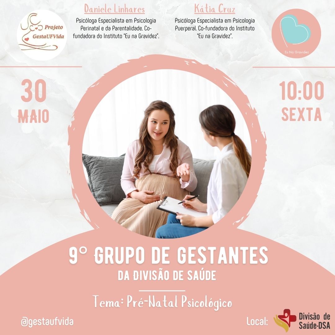 Cartaz. Duas mulheres jovens, brancas, cabelo lisos castanhos e longos, conversando. Uma delas está grávida. 
