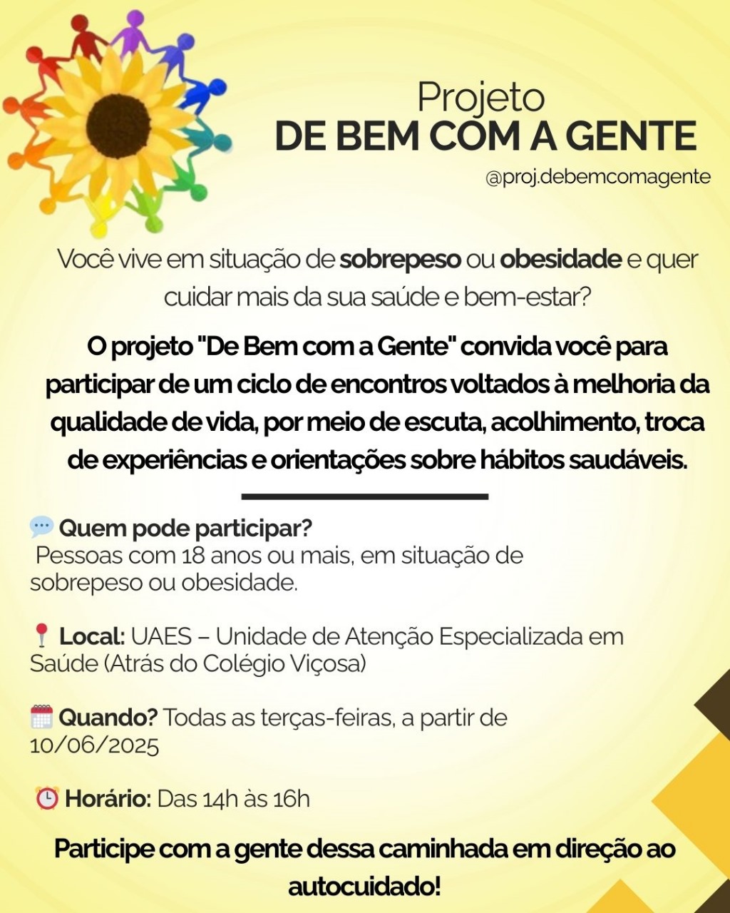 Programação do evento. Dia 10/06 às 14h na UAES, para pessoas acima de 18 anos com sobrepeso ou obesas. 