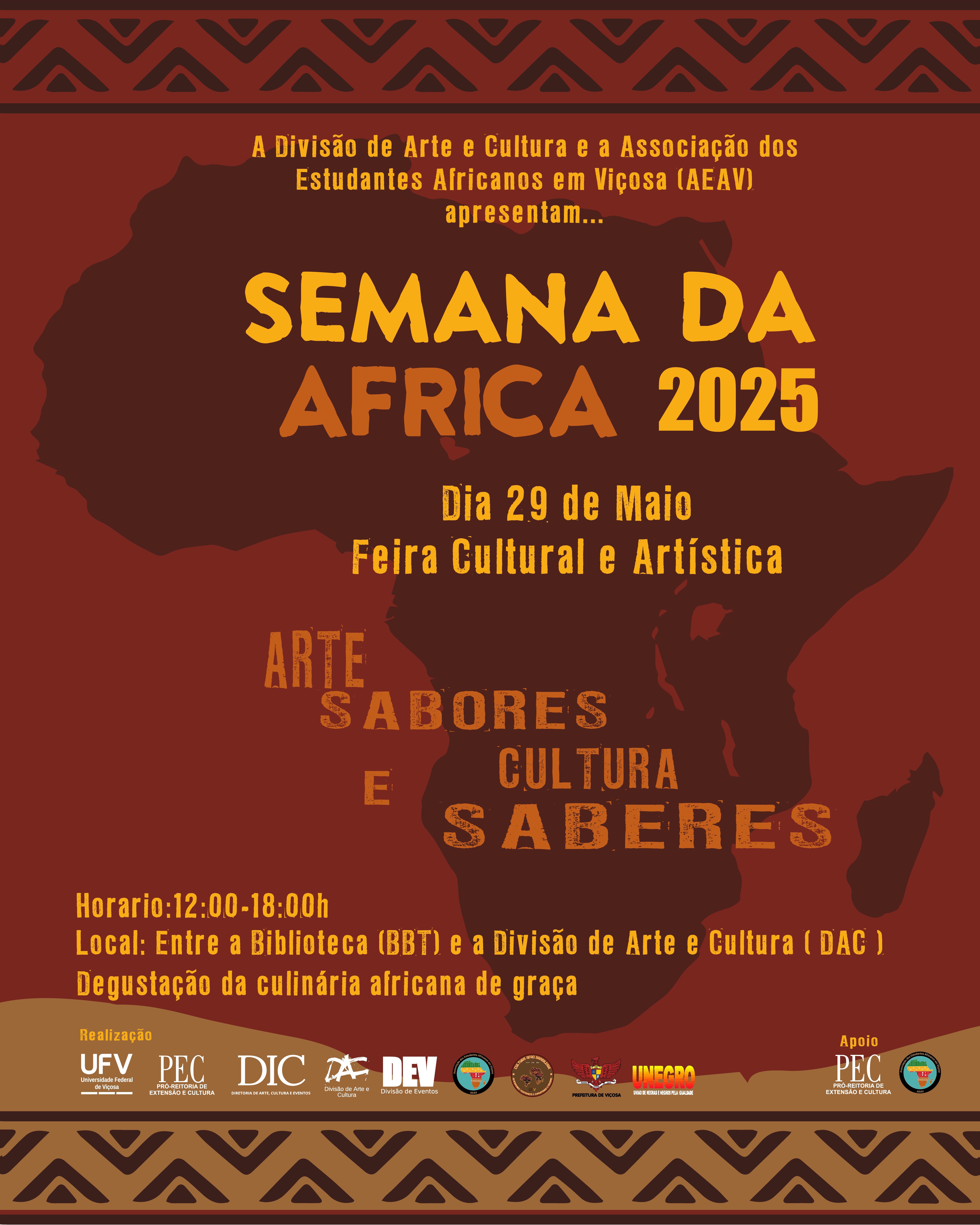 Desenho do continente africano sobre fundo vermelho. Em amarelo: Semana da África 2025. 