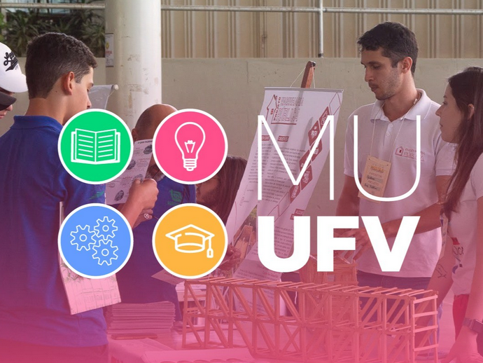 4 círculos coloridos com desenhos de livro aberto, lâmpada, engrenagens e capelo. Mostra Universitária UFV. 