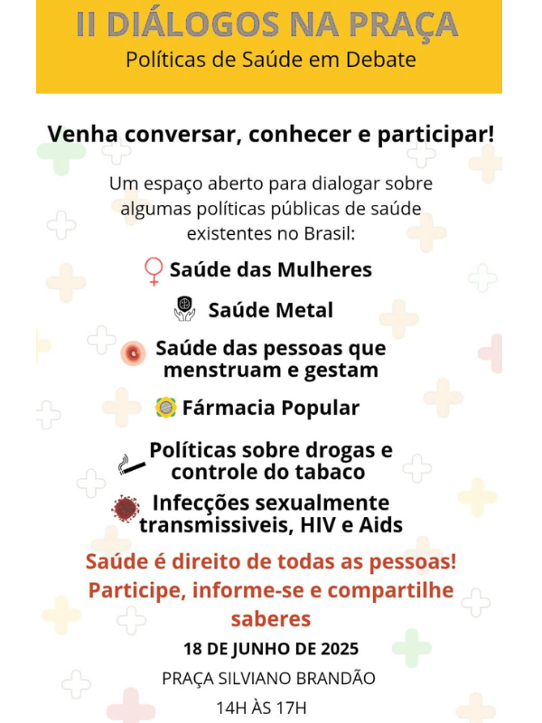 Cartaz com temáticas em saúde da mulher, mental, farmácia popular, drogas e tabaco e doenças sexualmente transmissíveis. 