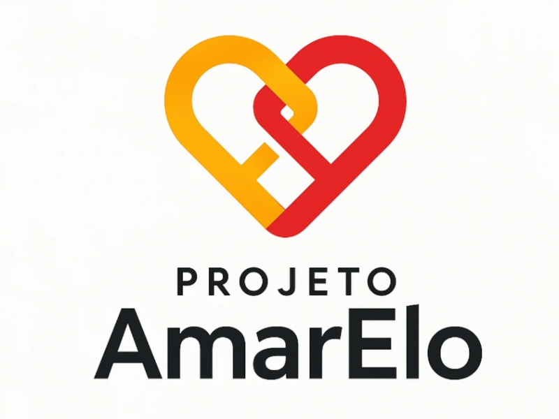 Desenho de coração com metade amarela e a outra vermelha, enlaçadas como dois cadeados. Projeto Amar Elo em preto. 