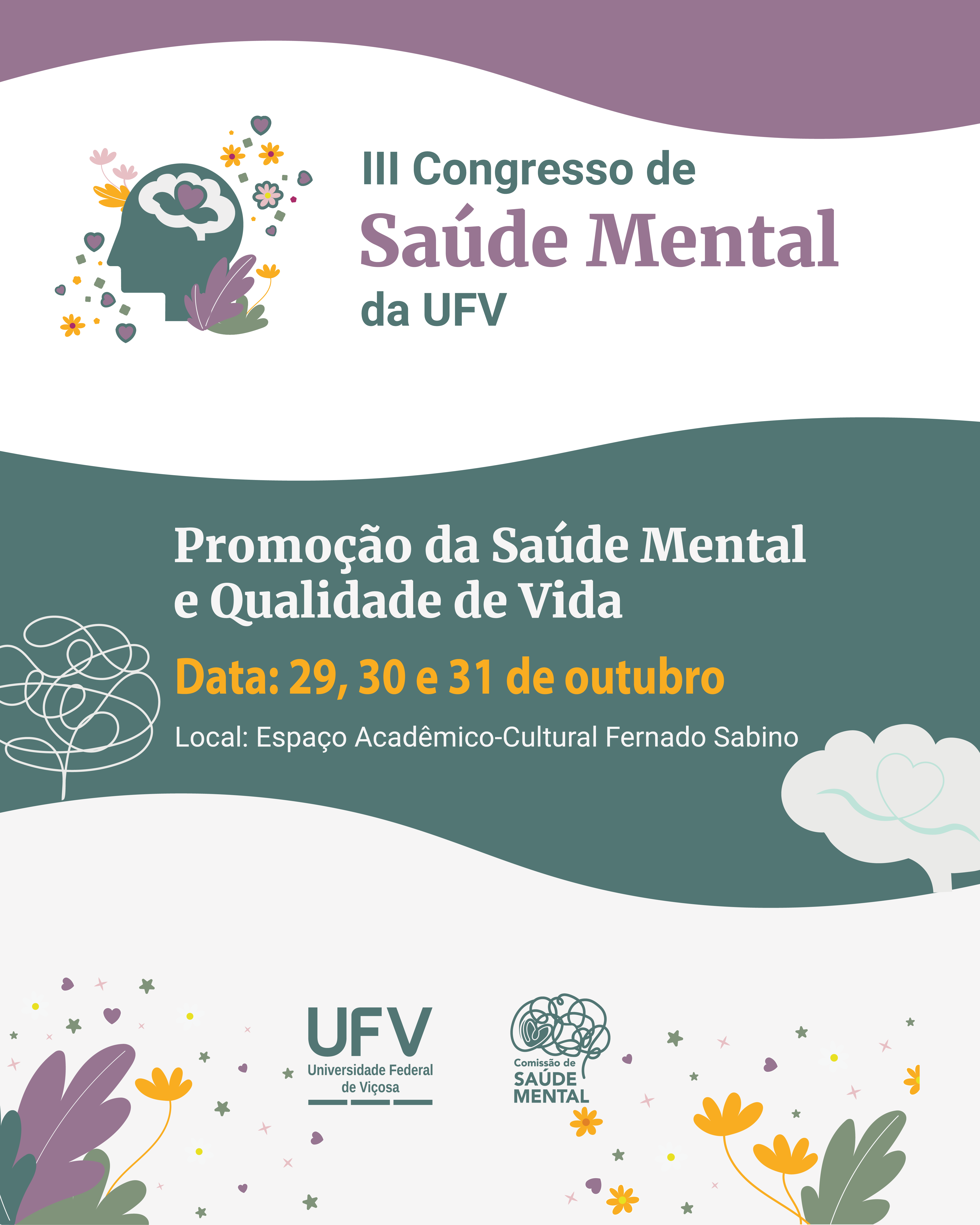 Card branco verde e roxo. 3º Congresso de Saúde Mental da UFV, 29 a 31 de outubro, no espaço Fernando Sabino.