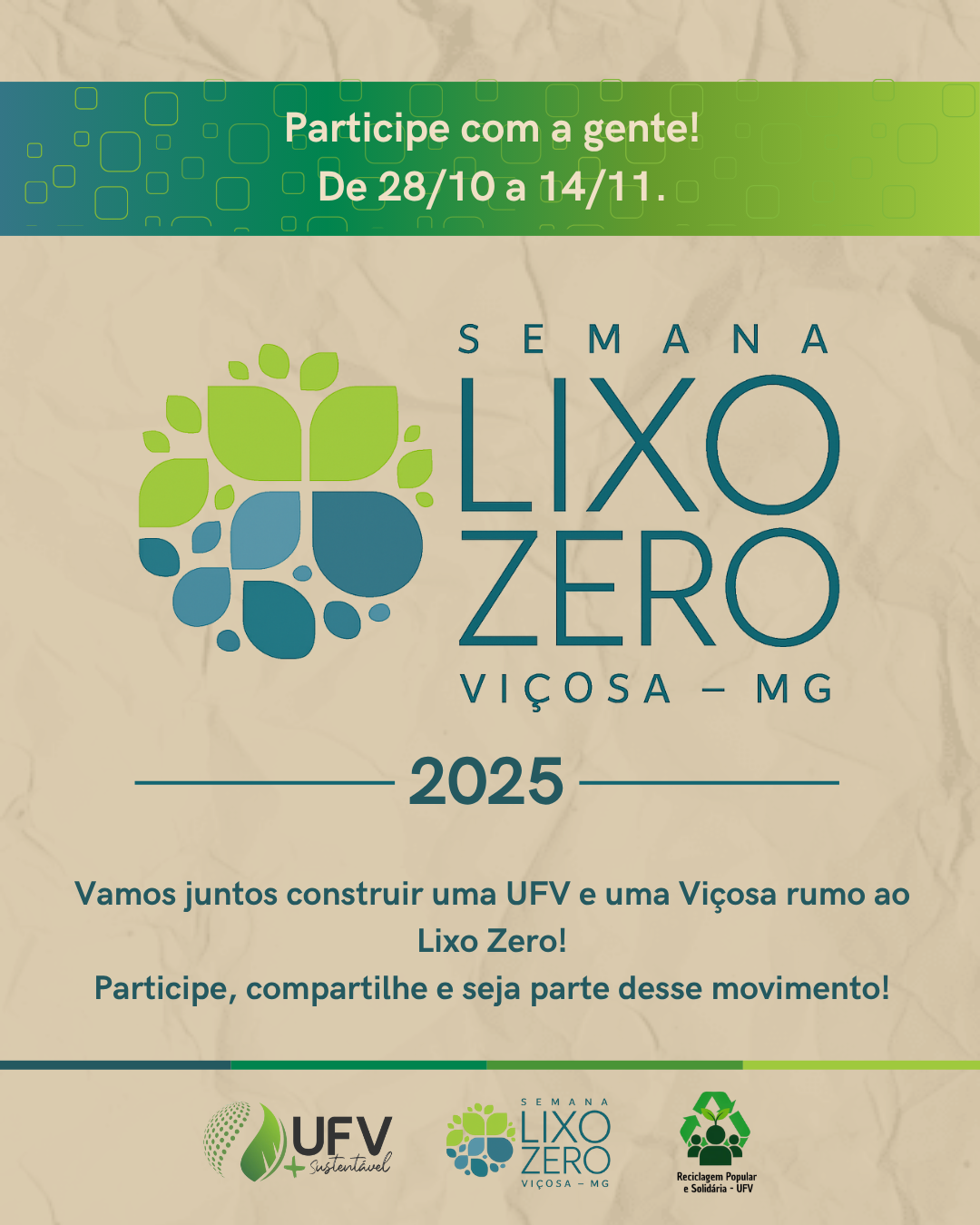 Cartaz bege imitando folha amassada, com as informações do evento. 
