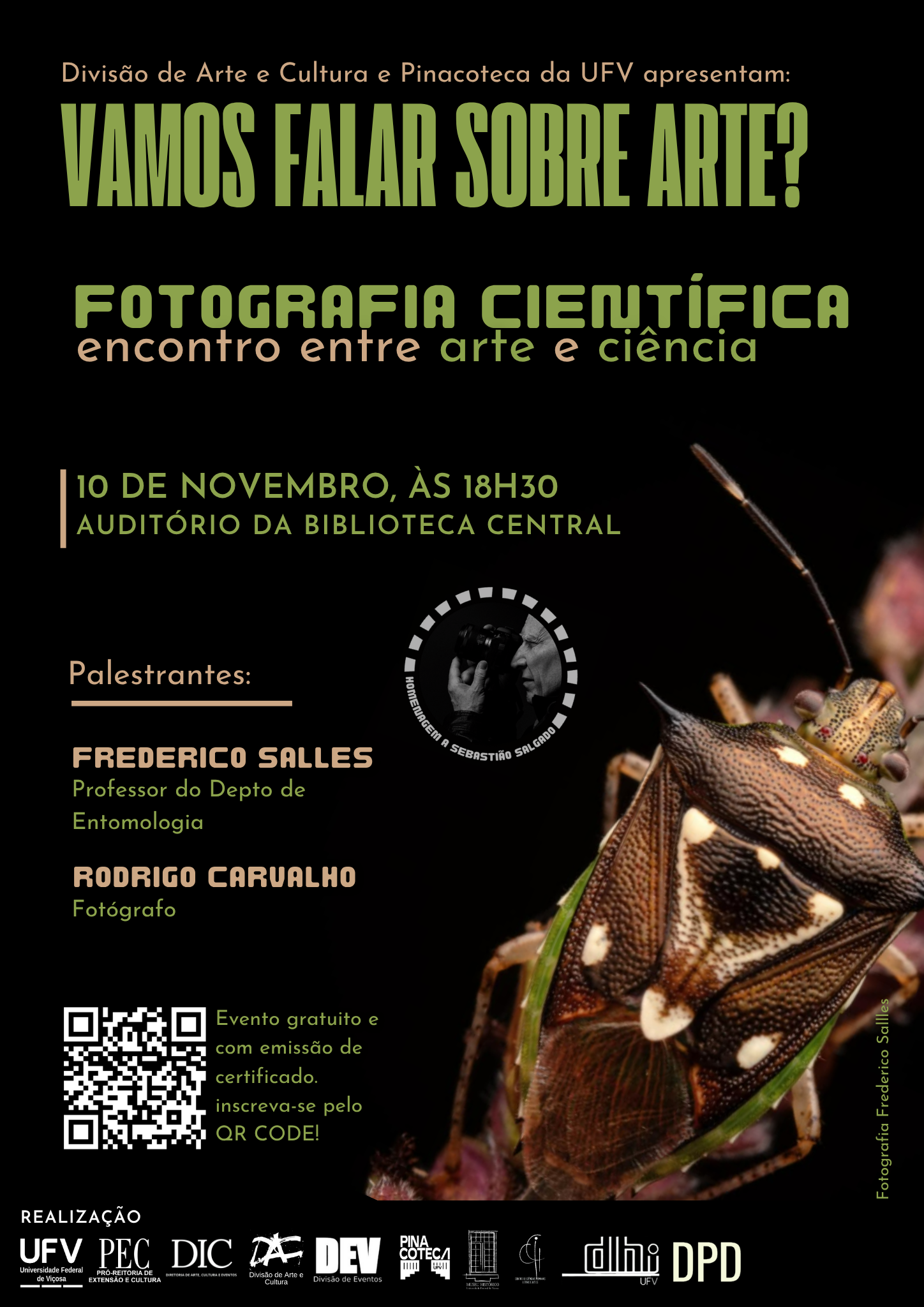 Cartaz do evento, com foto bem aproximada de um besouro de asas marrons com pintas brancas. 