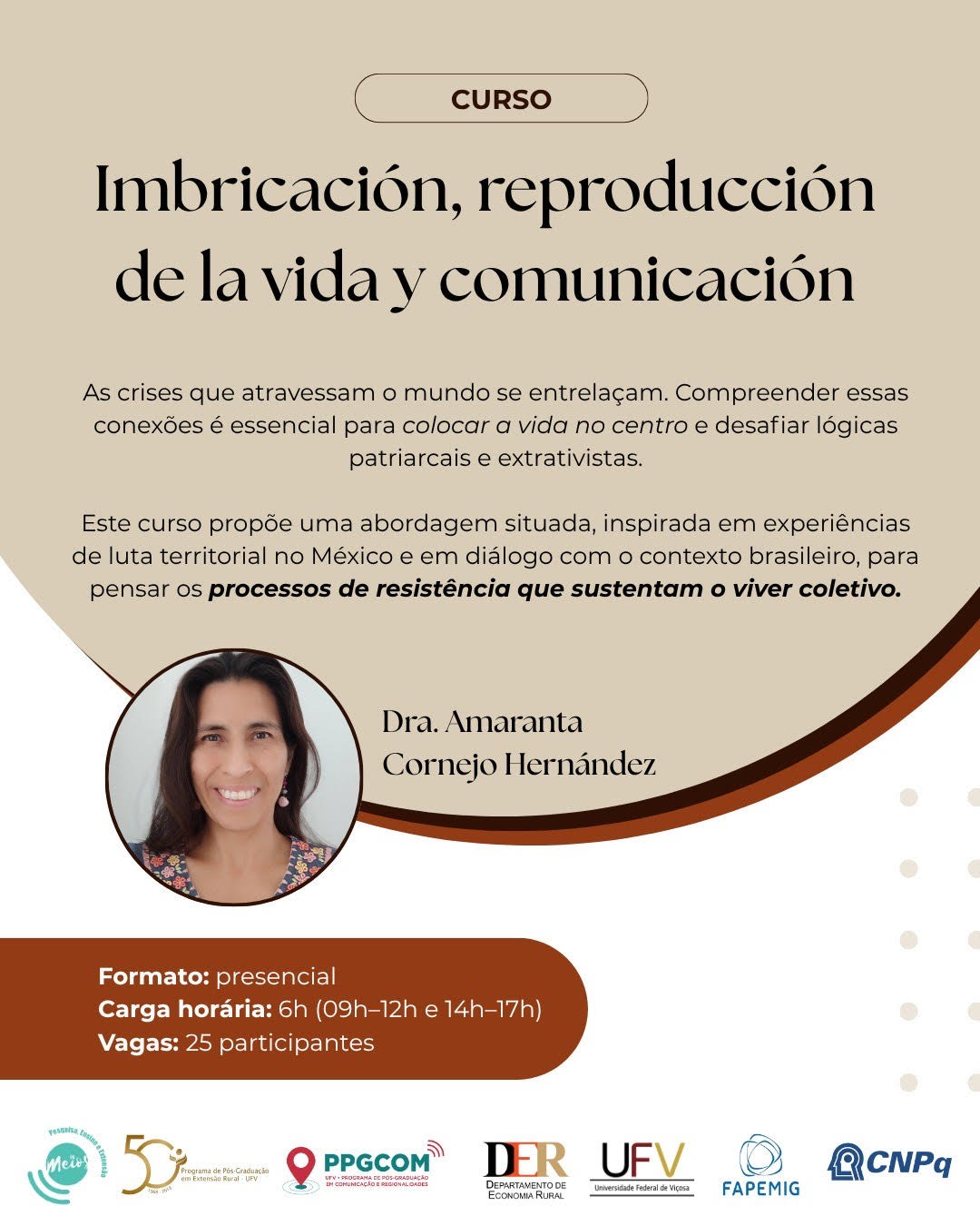 Cartaz do curso. Círculo com foto de mulher parda, cabelos lisos castanhos nariz largo e grande sorriso. 