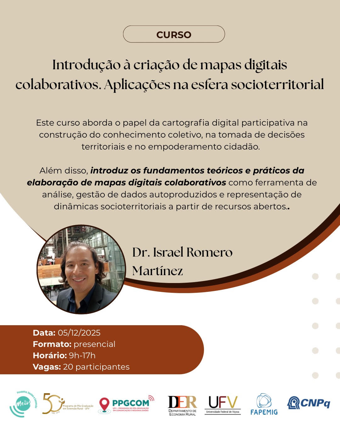 Cartaz vertical do evento com foto de homem de meia-idade de cabelos até ombros ligeiramente calvo. 