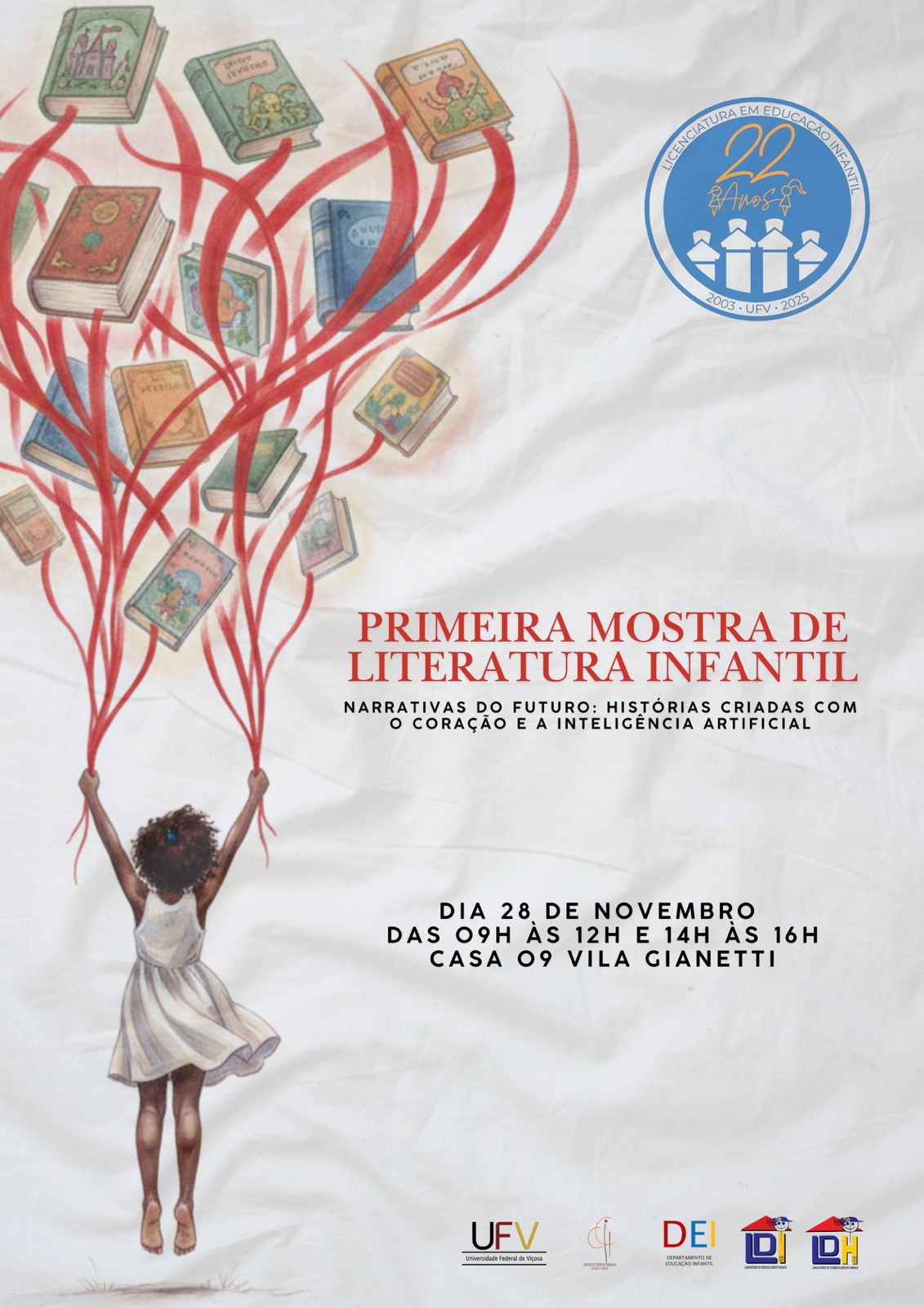 À esquerda, menina negra de costas para nós segurando vários livros que flutuam como se fossem balões de festa. 