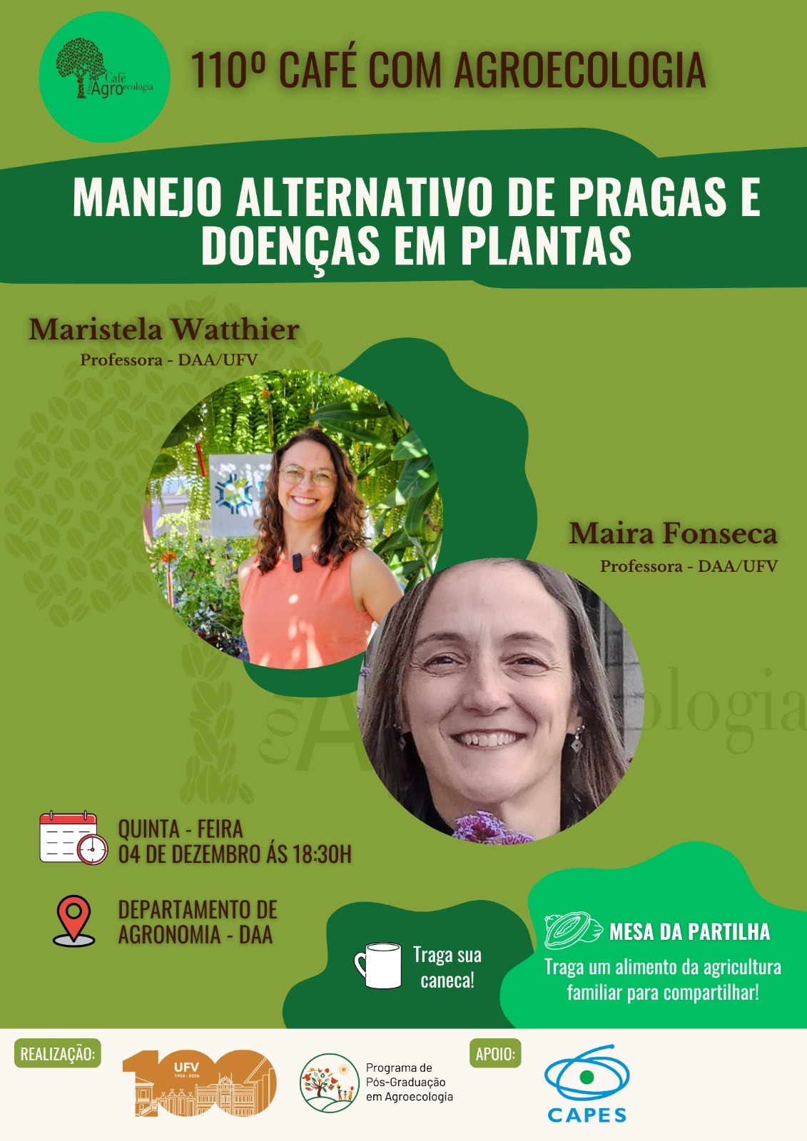 Cartaz com as informações do evento e fotos das palestrantes: duas mulheres claras e magras. 