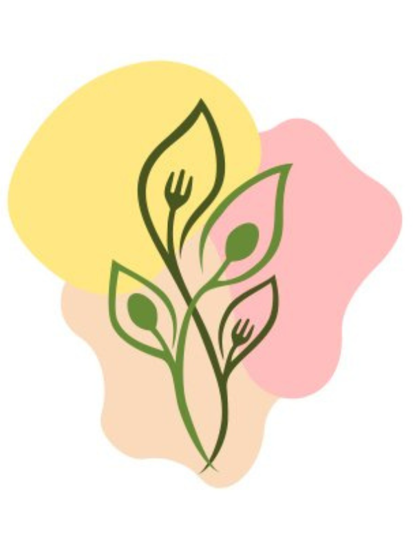 Desenho estilizado de planta, com garfos e colheres desenhados nas folhas. 
