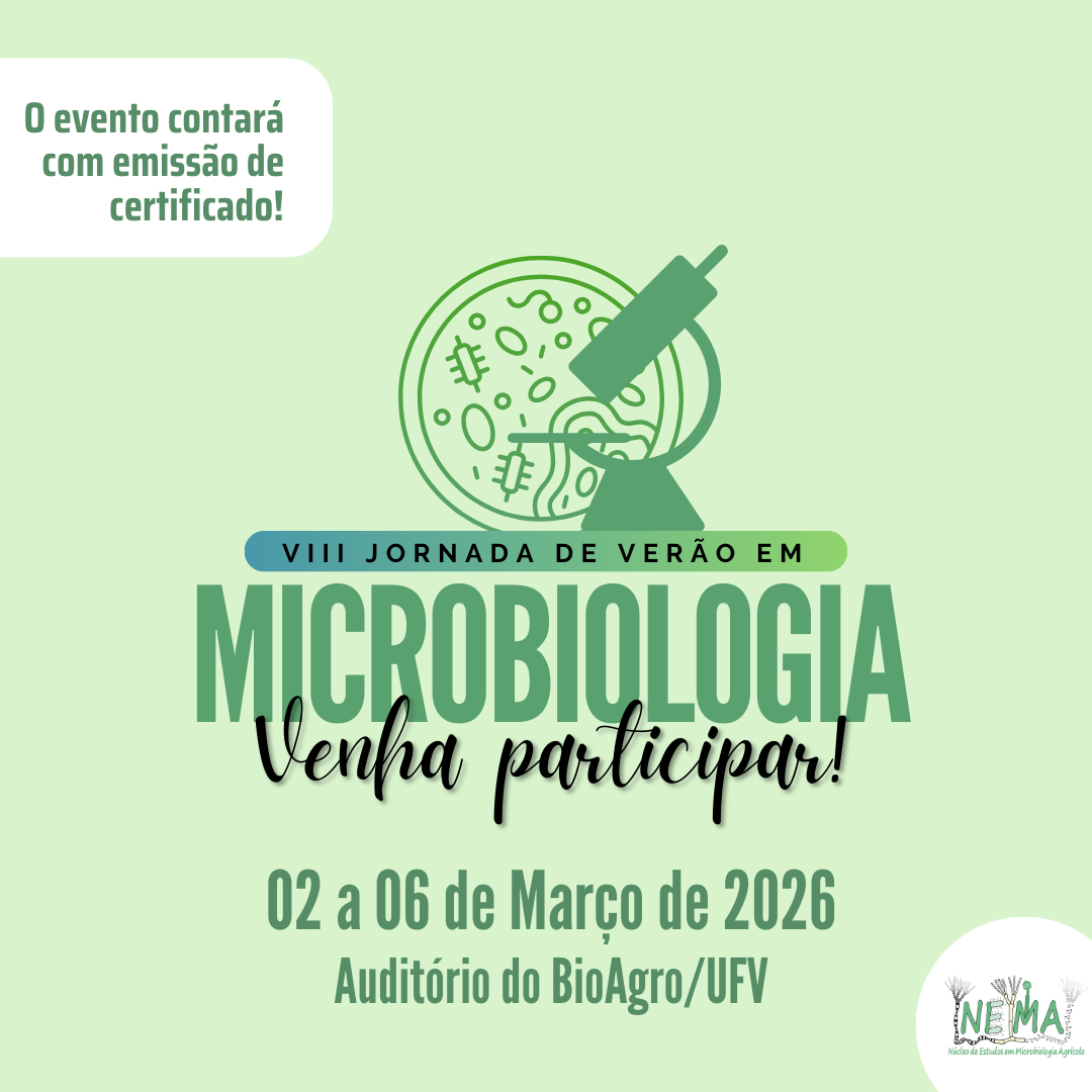 Fundo verde claro com desenho de microscópio e círculo com desenhos de micróbios dentro. 