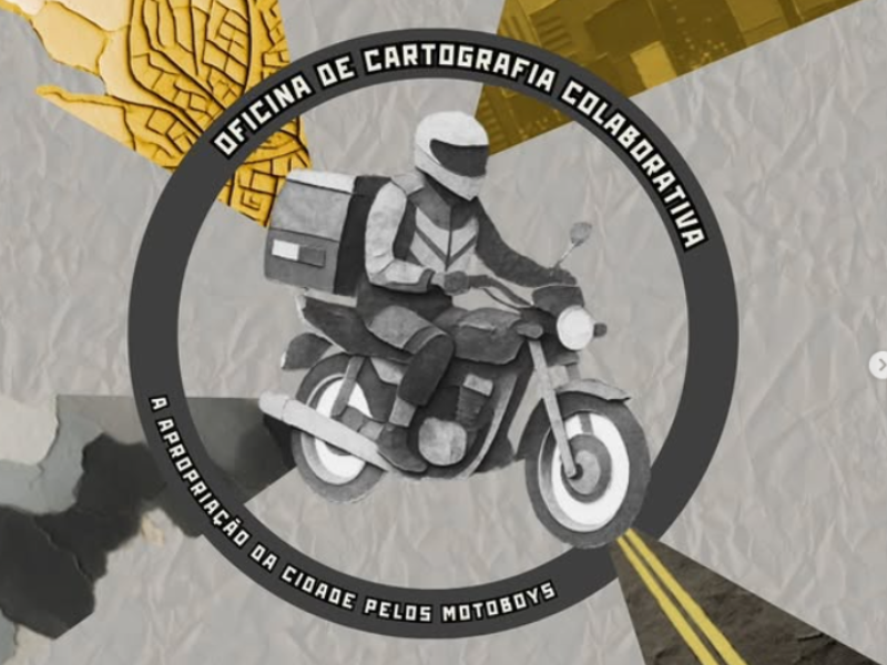 Desenho de motociclista em uma moto com mochila de entregador, dentro de um círculo cinza. 